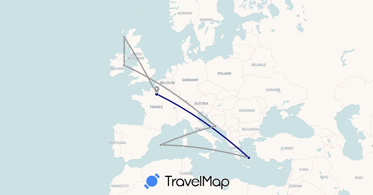 TravelMap itinerary: driving, plane in Spain, France, United Kingdom, Greece, Croatia, Ireland (Europe)