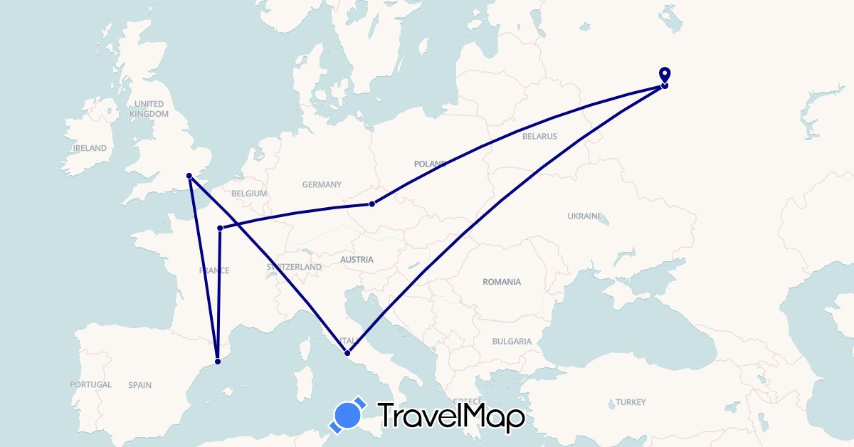 TravelMap itinerary: driving in Czech Republic, Spain, France, United Kingdom, Russia, Vatican City (Europe)